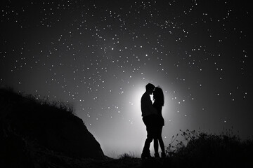 Two lovers sharing a tender kiss under the moonlight