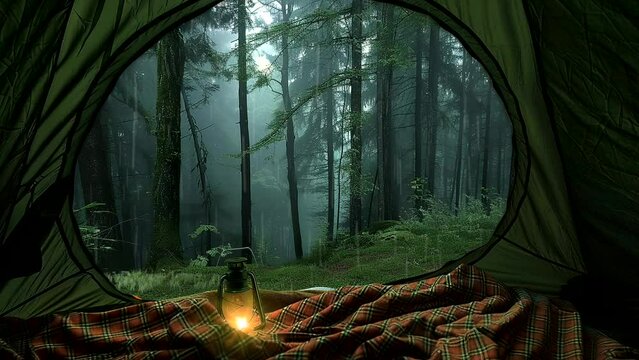 Animation of rain from inside a tent in the forest. Infinite loop 24 seconds video