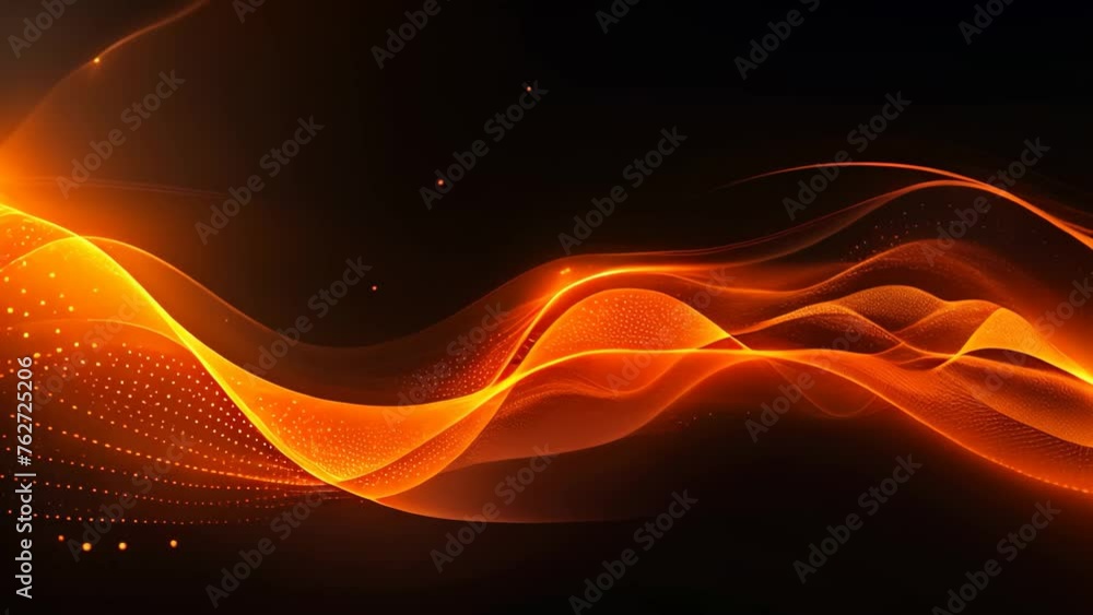 Poster abstract orange wave with glowing particles on dark background. abstract particles wave. futuristic 