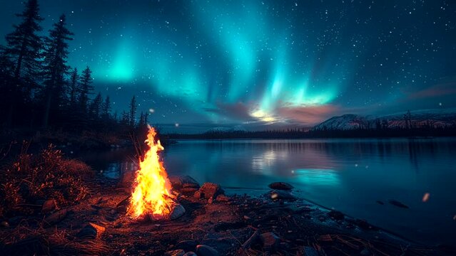 Animation of a bonfire and the northern lights over the lake. Infinite loop 24 seconds video