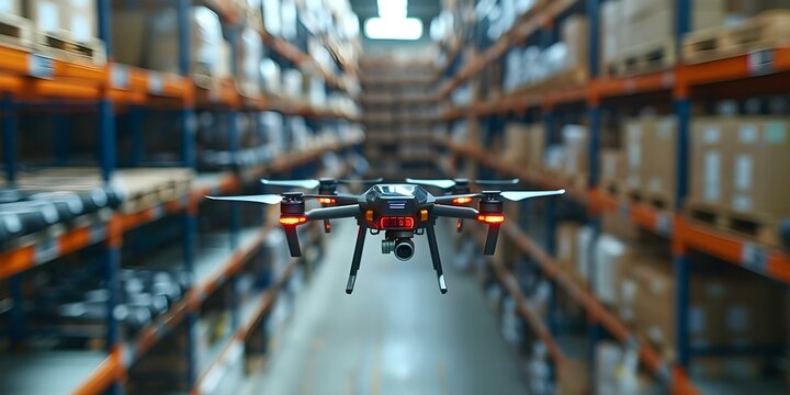Drones scan barcodes in warehouse aisles optimizing inventory management with tech. Concept Warehouse Operations, Inventory Management, Drones, Barcode Scanning, Technology