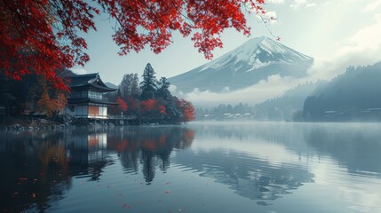 One of the best places in Japan is to experience the colorful autumn season and Mountain Fuji in the morning fog. - obrazy, fototapety, plakaty