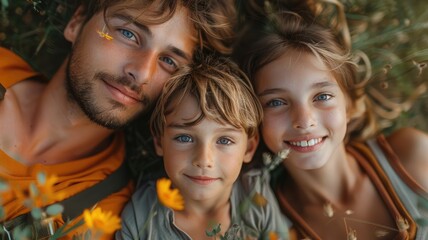 Obraz premium Father lying on the grass with his son and daughter. Happiness. Single parent family. Lifestyle
