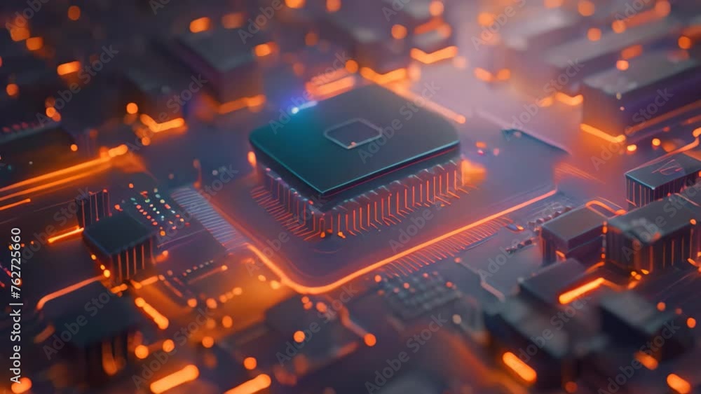 Poster computer processor with microcircuits. 3d rendering, toned image, abstract technology background wit