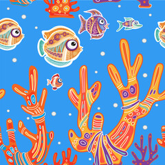 Seamless Pattern with Decorative fishes and Corals - 762725687