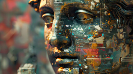 Head of ancient statue on abstract background, NFT token and crypto art at online digital gallery. Concept of blockchain, non-fungible cryptocurrency, bitcoin,