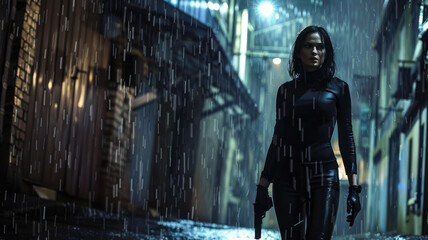 Young woman walks holding gun in rain, armed mercenary or killer in black on dark street. Female person with weapon in city at night. Concept of spy, action movie, murderer