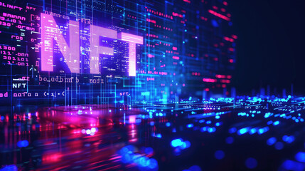 Obraz premium Word NFT in dark digital space, abstract neon background, token and crypto art. Concept of blockchain, non-fungible cryptocurrency, light, bitcoin, technology