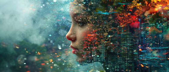 Artificial intelligence like young woman, face of futuristic humanoid AI robot on abstract tech and smoke background. Concept of digital technology, cyborg, fire, art, girl, future