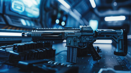 Futuristic machine gun inside spaceship, alien weapon on metal table in dark blue spacecraft interior on blurred background. Concept of future, space, scifi, technology, game