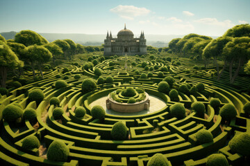 Hedge maze and castle, aerial view of green labyrinth of trimmed bushes in landscaped garden, abstract geometric pattern of plants. Concept of nature, fantasy, shape, puzzle - obrazy, fototapety, plakaty