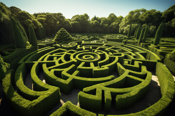 Hedge maze aerial view, green labyrinth of trimmed bushes in landscaped garden, abstract geometric pattern of plants in park. Concept of path; puzzle and adventure - obrazy, fototapety, plakaty