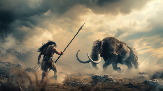 Neanderthal man holding spear stands against woolly mammoth, primitive hunter and animal in prehistoric era. Concept of caveman, ancient people, epic fight, Stone Age