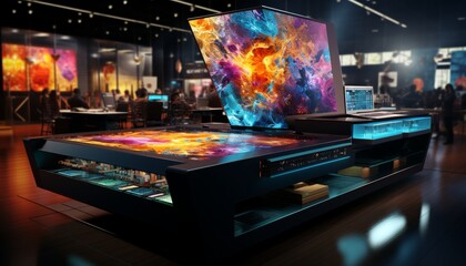 a captivating visual representation of a professional large format printing machine operating in a vibrant printing shop