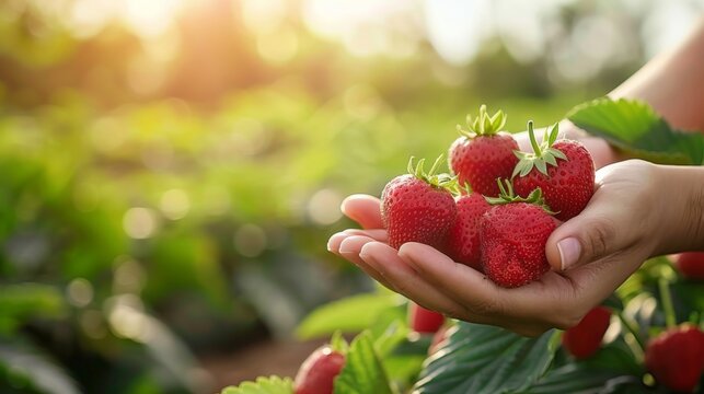 Fresh strawberries held in hand on blurred background with space for text, ideal for placement