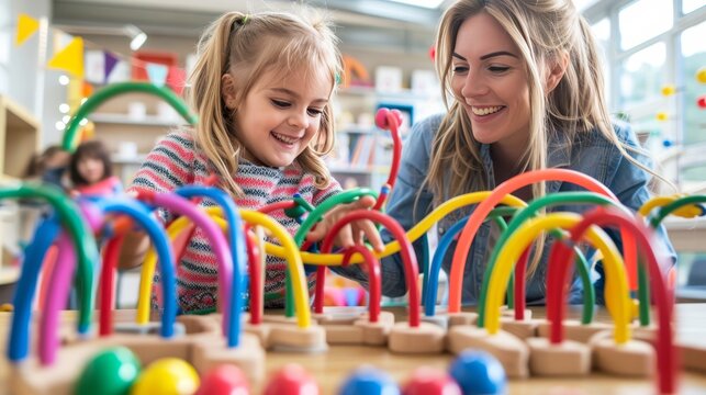 Preschool teacher involving children in play with colorful wooden toys for interactive learning