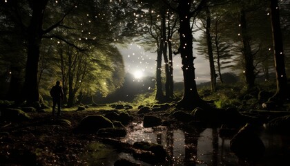 A man stands in a moonlit forest, surrounded by tall trees and a blanket of stars, and photographs the landscape with a camera - Powered by Adobe