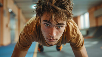 Portrait of a young man doing push-ups in a gym - obrazy, fototapety, plakaty