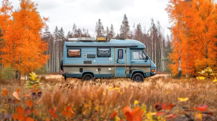 Tuinposter Blue van parked on a natural park in autumn © Sheila