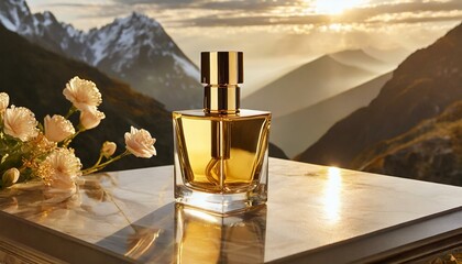 Golden Essence: Luxury Gold Perfume Mockup with Marbled Glass Body, Displayed at Golden Hour