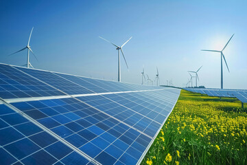 A renewable energy farm with rows of wind turbines and solar pannels