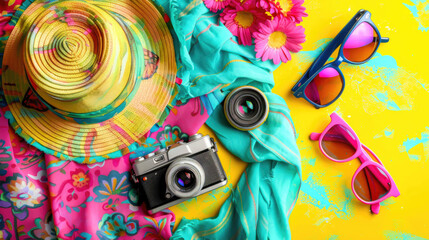 Fototapeta premium Summer cloth with straw hat, camera and sunglasses on top