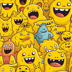 pattern of cute, doodle-style cartoon monsters