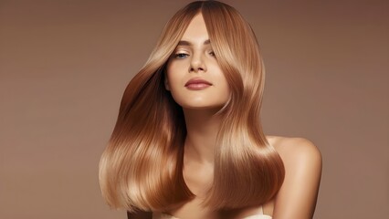 Naklejka premium Model girl with shiny strawberry blonde smooth healthy hair with long straight and glowing, skin natural beauty smooth skin for Care and skincare products, photo, stock life photo, stock people photo 