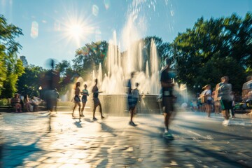 A blurred background of an outdoor park shows people walking, sitting on benches, and splashing in a water fountain Generative AI - obrazy, fototapety, plakaty
