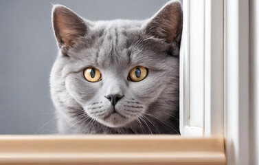 The cat looks out the window. British grey cat.
