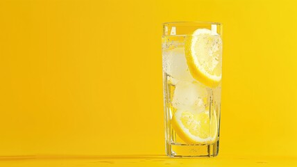 A refreshing lemon water in a glass against a yellow background
