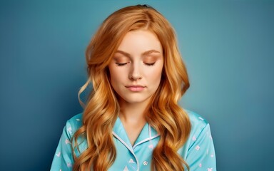 close up of gorgeous blonde women wearing Pjs, sleeping pose with hands, on blue background, photo,...