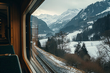 A scenic train journey through the Swiss Alps with snow