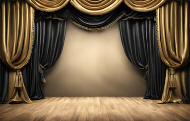 Illustration of Empty Room Theatre Stage with Black and Gold Velvet Curtains
 - obrazy, fototapety, plakaty