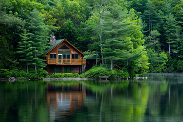Fototapeta na wymiar A serene lakeside cottage surrounded by lush forests
