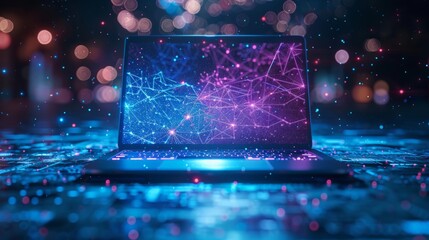 A laptop in a futuristic style. The concept of modern technologies and global networking, product promotion and online education