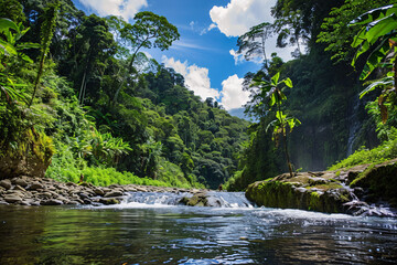 Fototapeta premium A thrilling zip-lining adventure through lush tropical