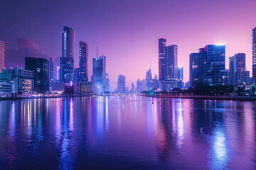 Fototapeta na wymiar A vibrant city skyline reflecting in the calm waters