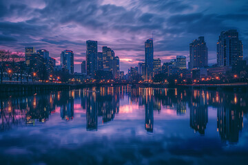 A vibrant city skyline reflecting in the calm waters