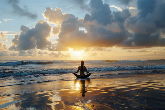 A tranquil yoga session on a serene beach at sunrise