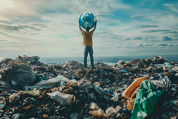 Activist holding Eart model globe standing on landfill