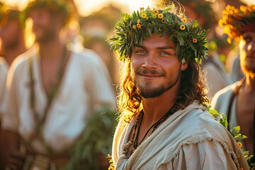 Portrait of happy Man with oak crown in traditional outfit at midsummer festival - obrazy, fototapety, plakaty