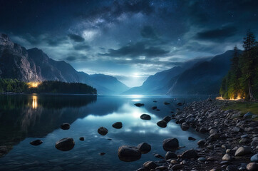 Beautiful night landscape lake, sky and mountains. Generated AI