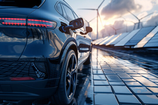 An electric SUV charging at a modern charging station with a beatiful landscape
