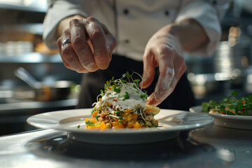 An intimate portrait of a chef presenting a beautifull food