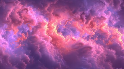 a pink and purple sky with clouds and a plane flying in the middle of the sky in the middle of the day.