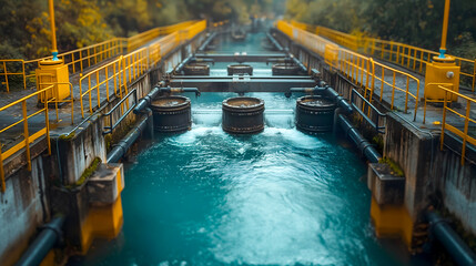 Abandoned water treatment plant in the countryside. Flooded water.
