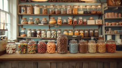 Jars with different candies on shelf in store