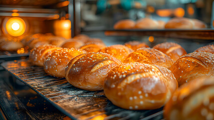 Freshly baked buns with sesame seeds in a bakery.