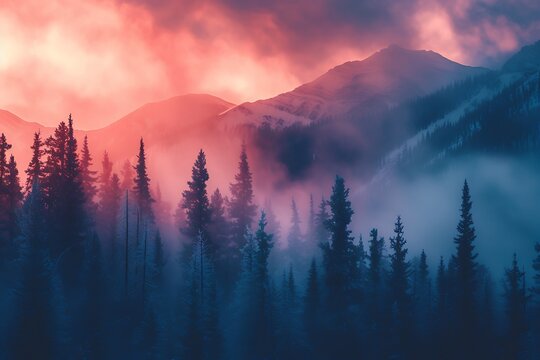 At twilight, majestic mountains cast striking silhouettes against the vivid sunset, while dense forests cloak the foothills below